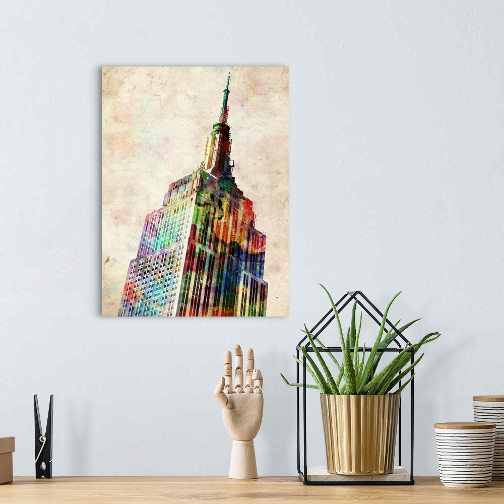 A bohemian room featuring Empire State Building watercolor illustration