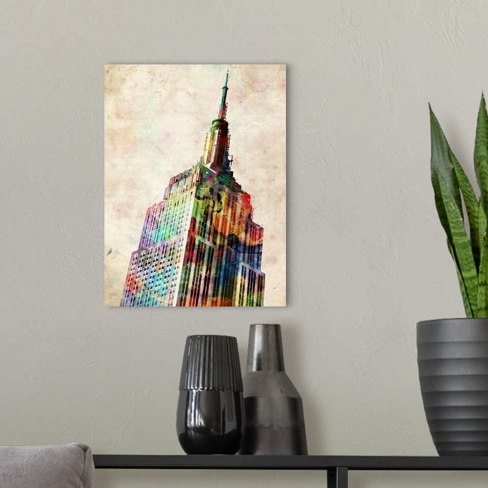 A modern room featuring Empire State Building watercolor illustration