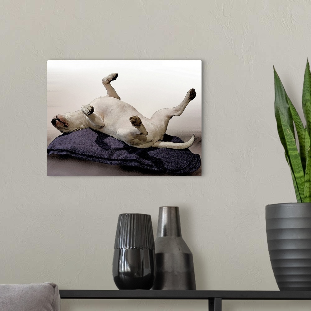 A modern room featuring Watercolor style print of an English Bull Terrier.