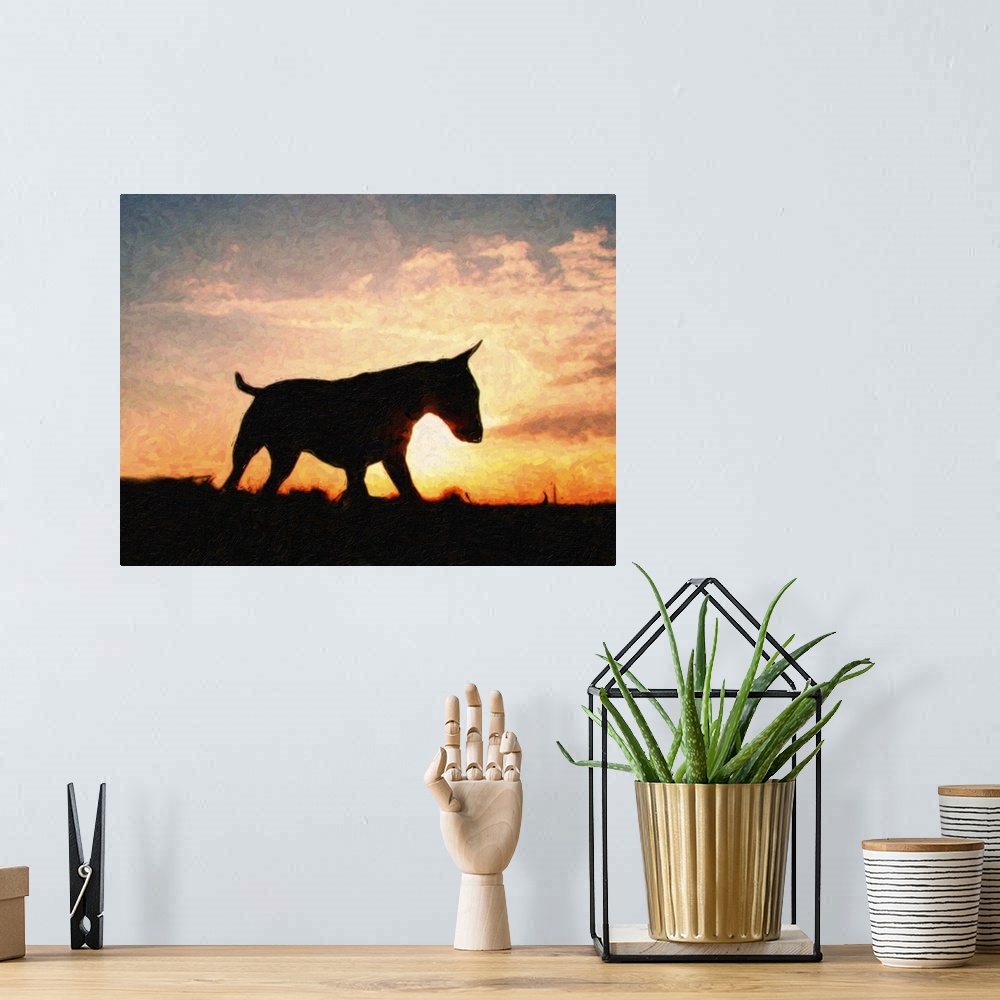 A bohemian room featuring Oil paint style print of an English Bull Terrier silhouetted against a glorious sunset.
