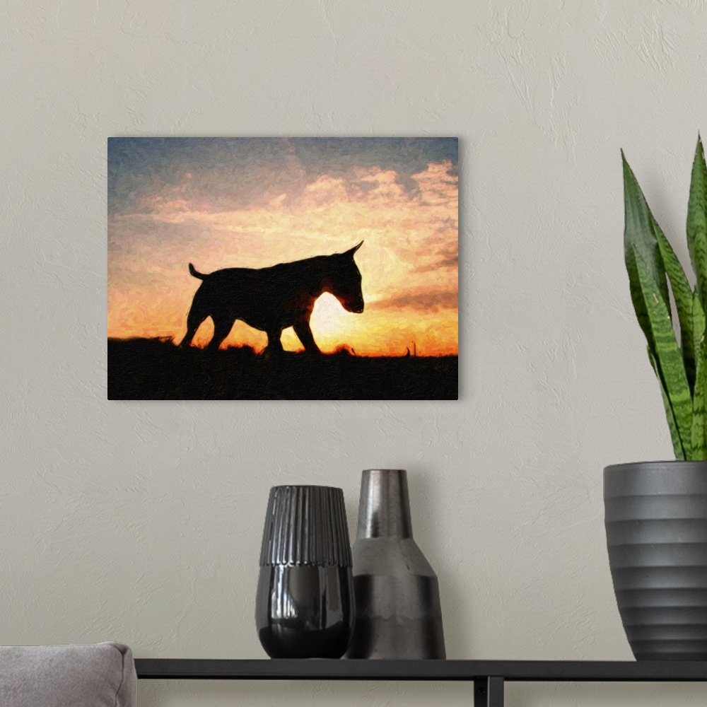 A modern room featuring Oil paint style print of an English Bull Terrier silhouetted against a glorious sunset.