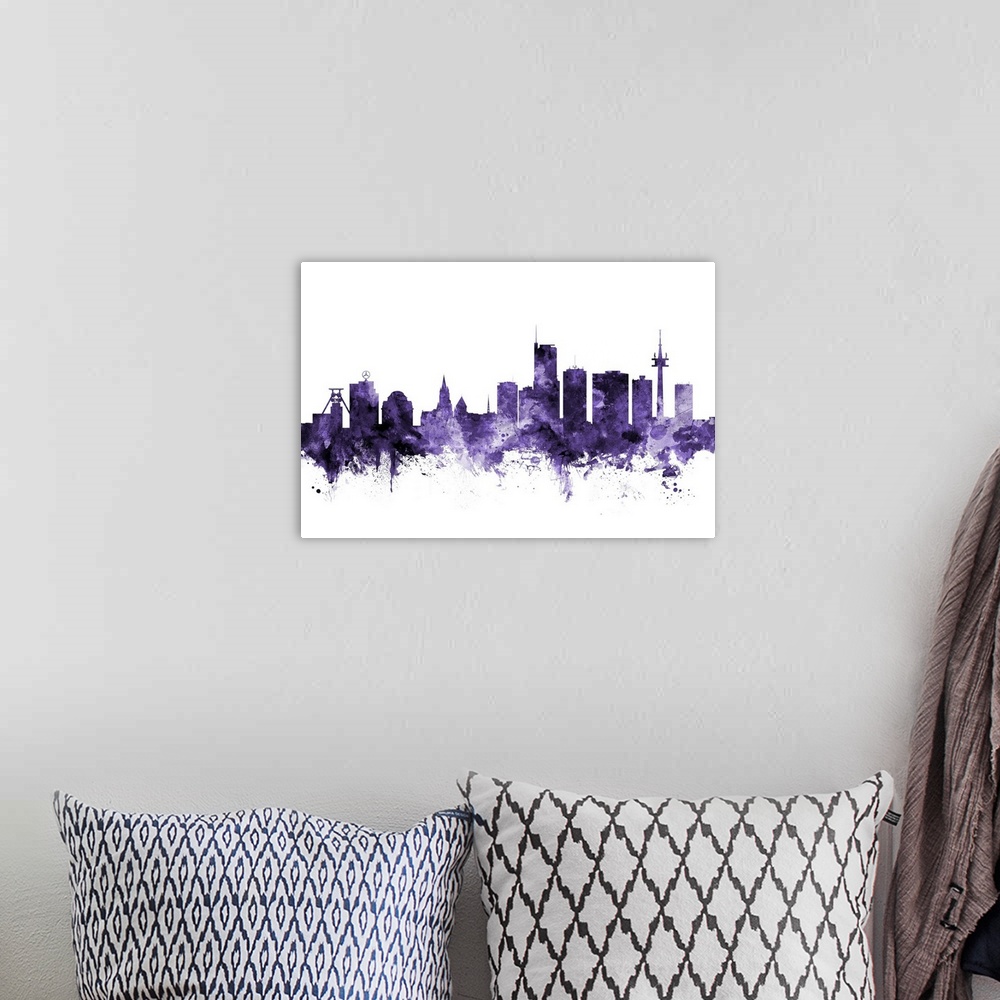 A bohemian room featuring Watercolor art print of the skyline of Essen, Germany