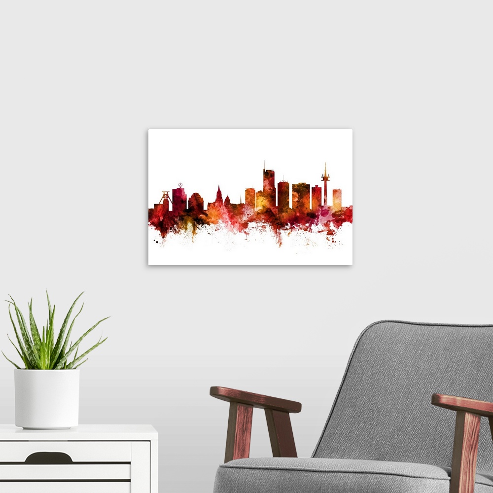 A modern room featuring Watercolor art print of the skyline of Essen, Germany.