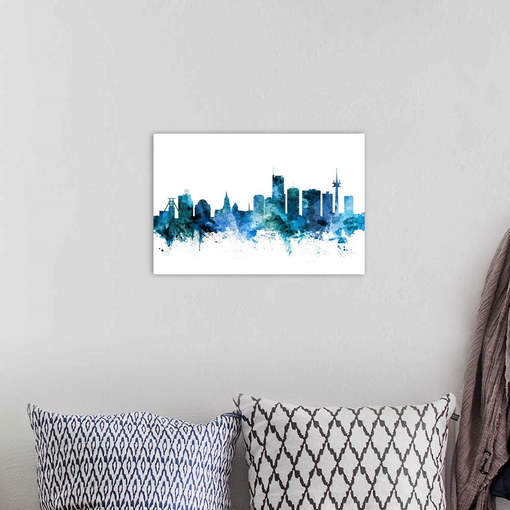 A bohemian room featuring Watercolor art print of the skyline of Essen, Germany.