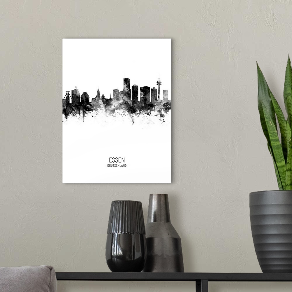 A modern room featuring Watercolor art print of the skyline of Essen, Germany