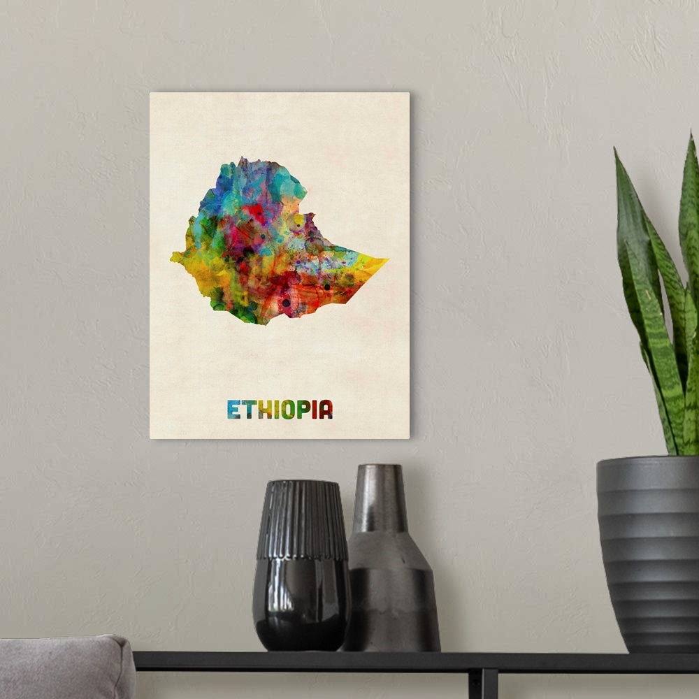 A modern room featuring A watercolor map of Ethiopia