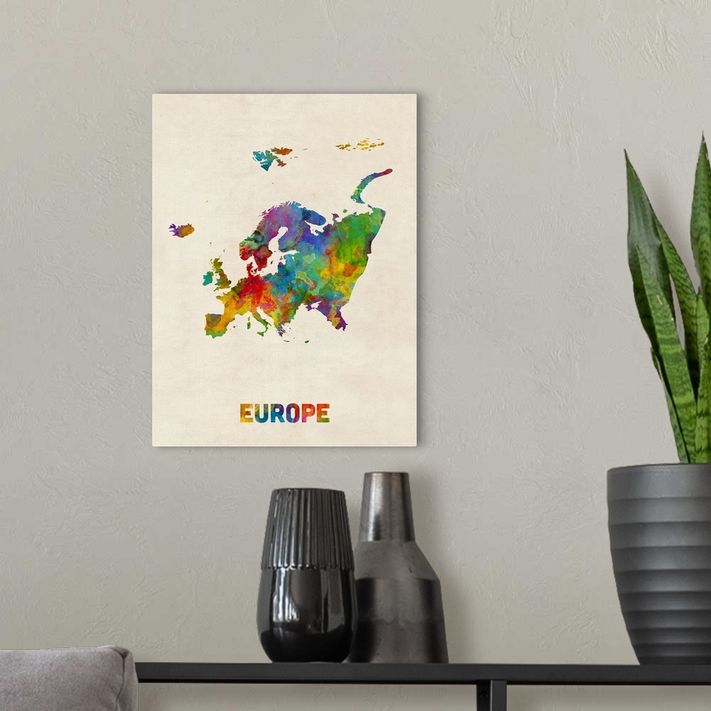 A modern room featuring A watercolor map of the continent of Europe.