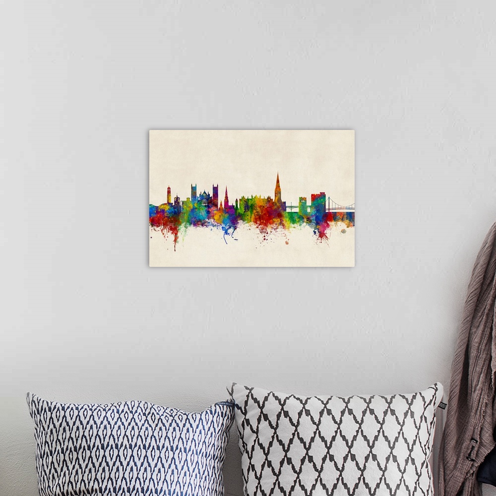 A bohemian room featuring Watercolor art print of the skyline of Exeter, Devon, England, United Kingdom