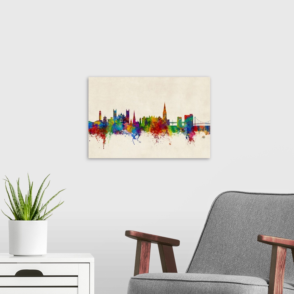 A modern room featuring Watercolor art print of the skyline of Exeter, Devon, England, United Kingdom