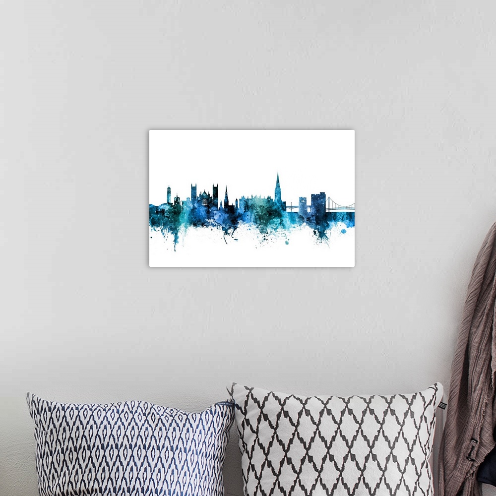 A bohemian room featuring Watercolor art print of the skyline of Exeter, England, United Kingdom.