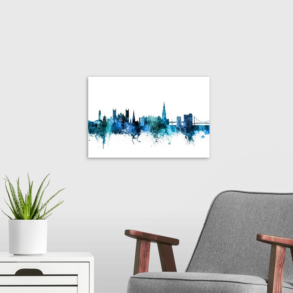 A modern room featuring Watercolor art print of the skyline of Exeter, England, United Kingdom.