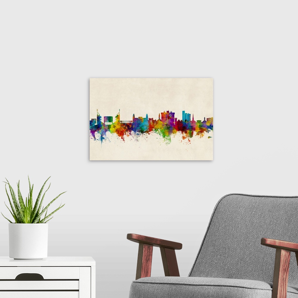 A modern room featuring Watercolor art print of the skyline of Fayetteville, Arkansas, United States