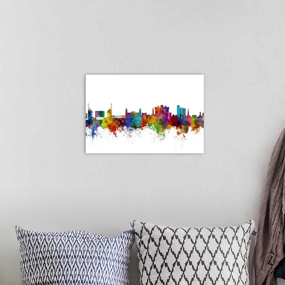 A bohemian room featuring Watercolor art print of the skyline of Fayetteville, Arkansas, United States