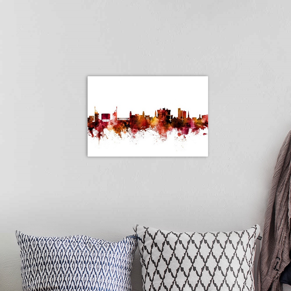 A bohemian room featuring Watercolor art print of the skyline of Fayetteville, Arkansas, United States.