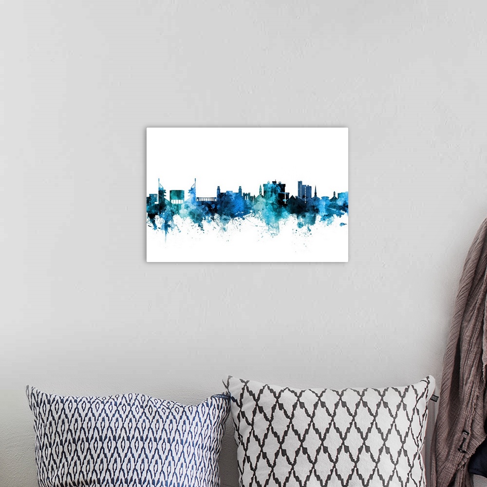 A bohemian room featuring Watercolor art print of the skyline of Fayetteville, Arkansas, United States.