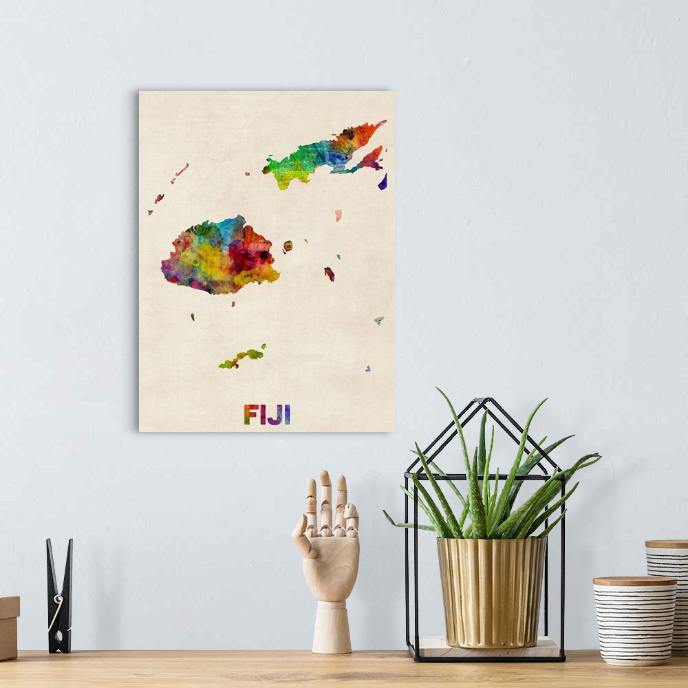 A bohemian room featuring A watercolor map of Fiji.