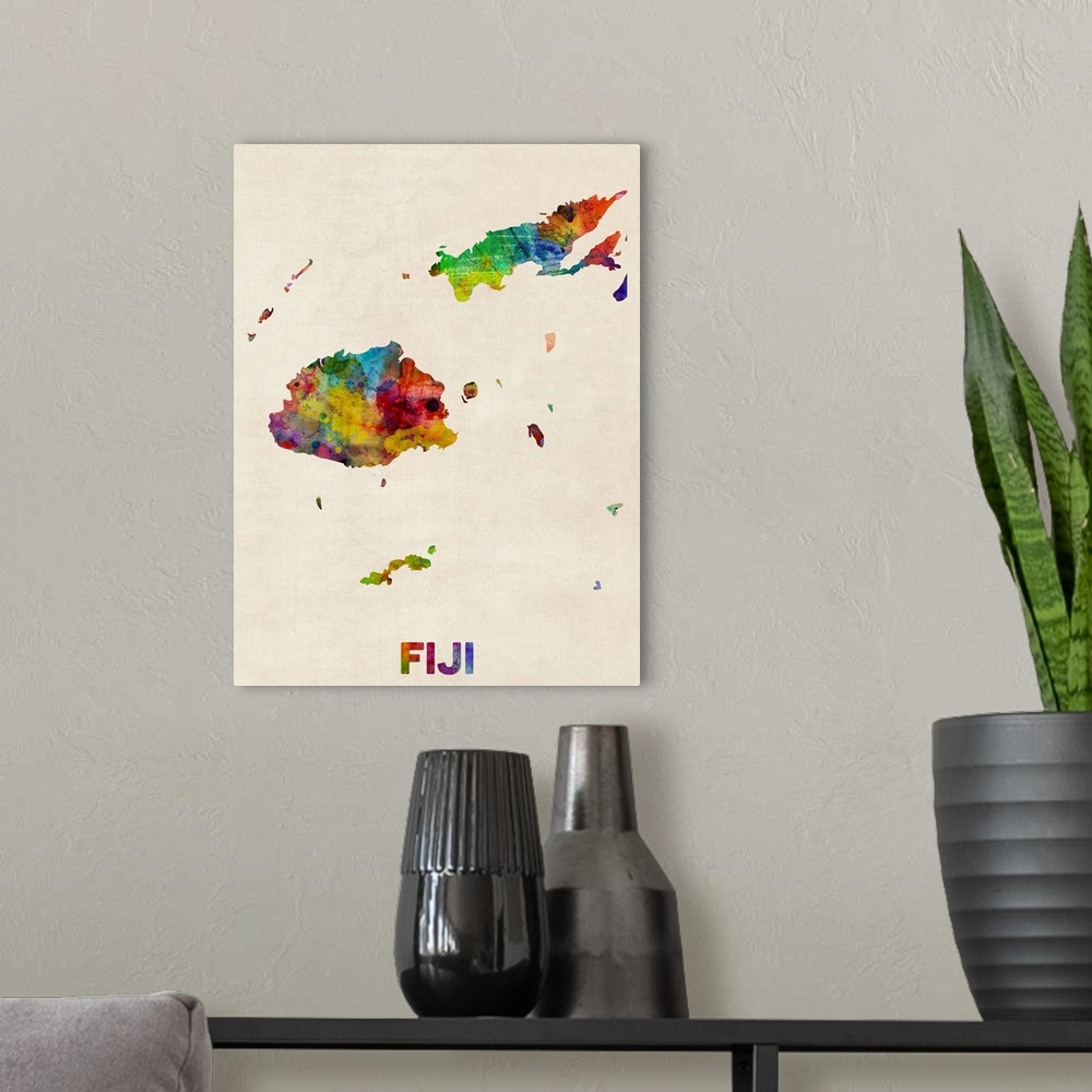 A modern room featuring A watercolor map of Fiji.