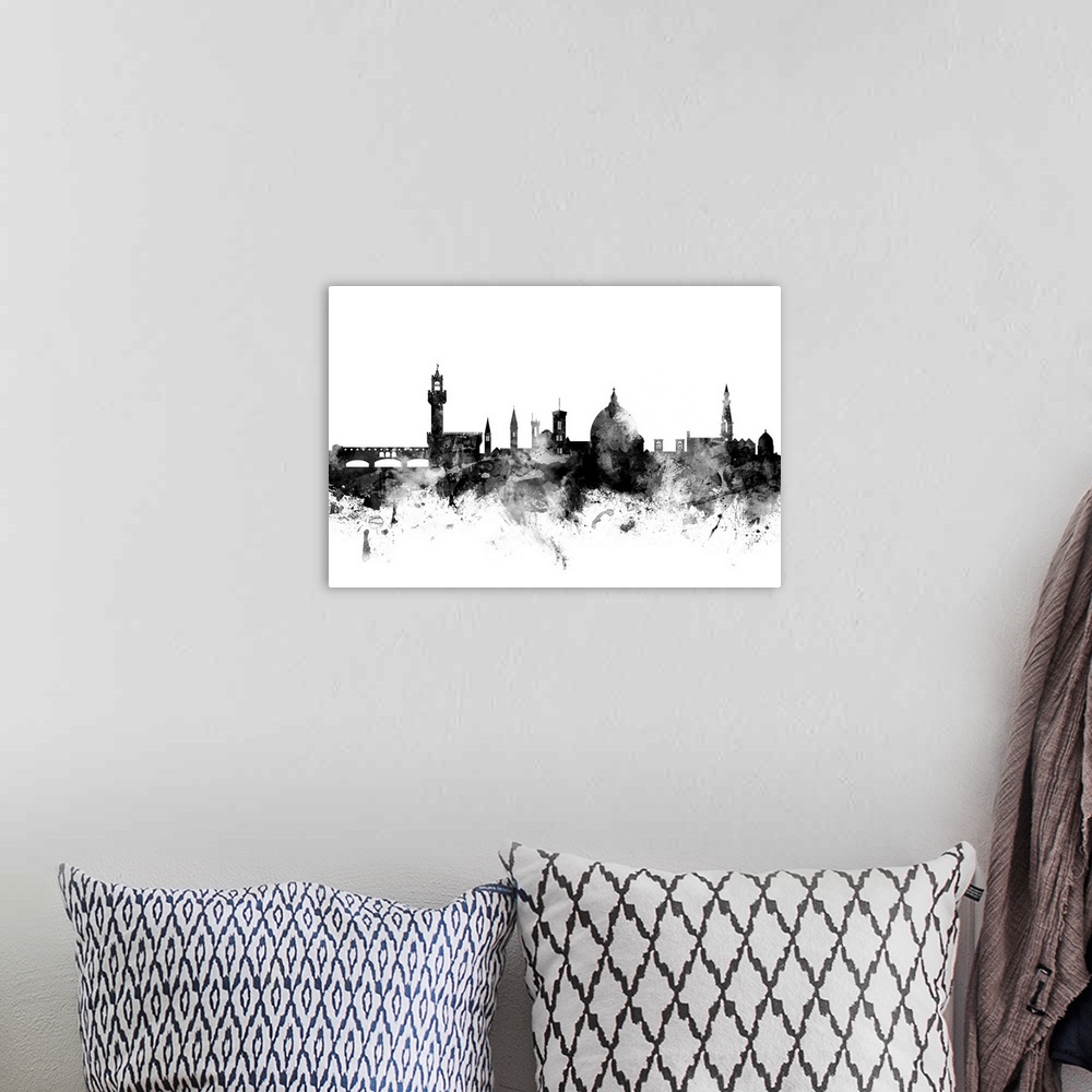 A bohemian room featuring Contemporary artwork of the Florence city skyline in black watercolor paint splashes.