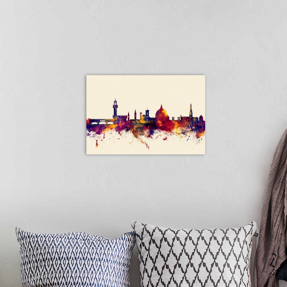A bohemian room featuring Contemporary artwork of the Florence city skyline in watercolor paint splashes.
