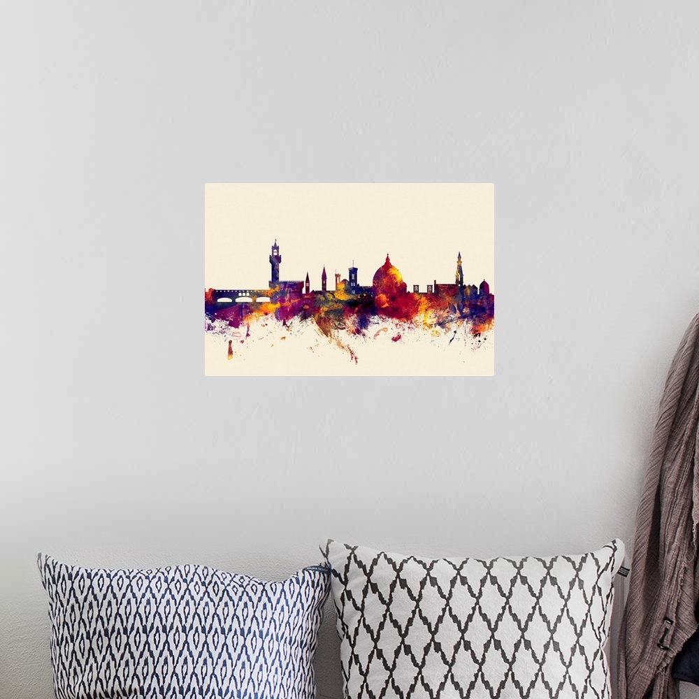 A bohemian room featuring Contemporary artwork of the Florence city skyline in watercolor paint splashes.