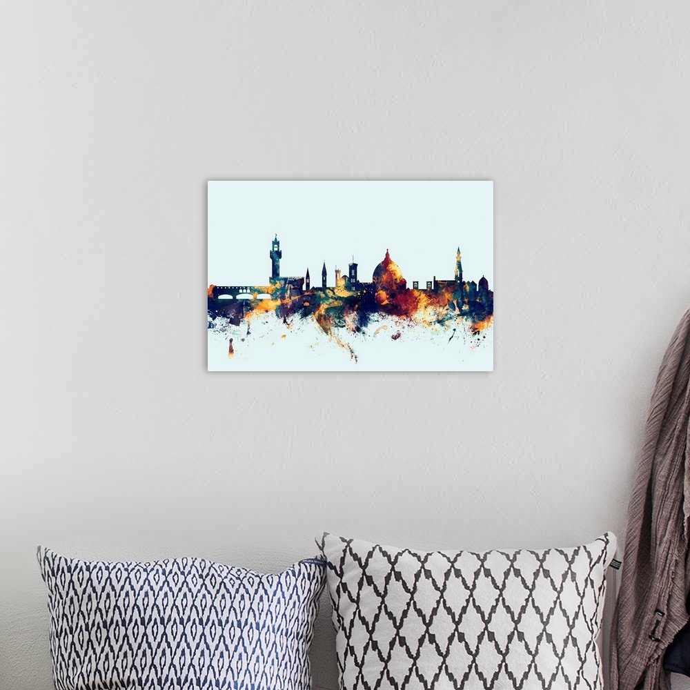 A bohemian room featuring Dark watercolor silhouette of the Florence city skyline against a light blue background.