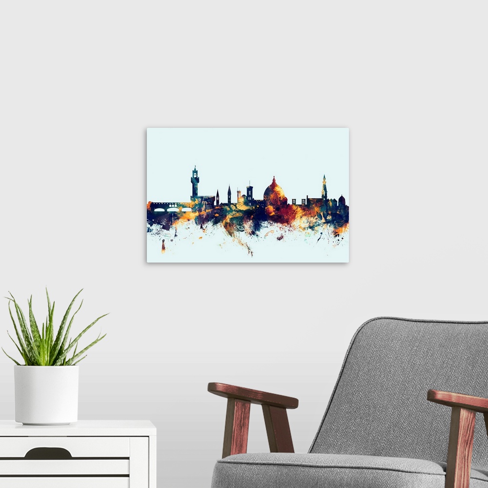 A modern room featuring Dark watercolor silhouette of the Florence city skyline against a light blue background.