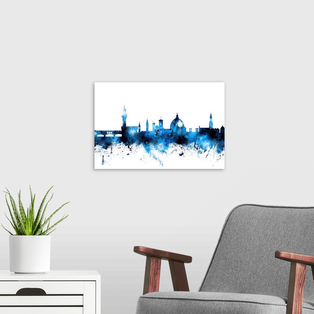 A modern room featuring Watercolor art print of the skyline of Florence, Italy.