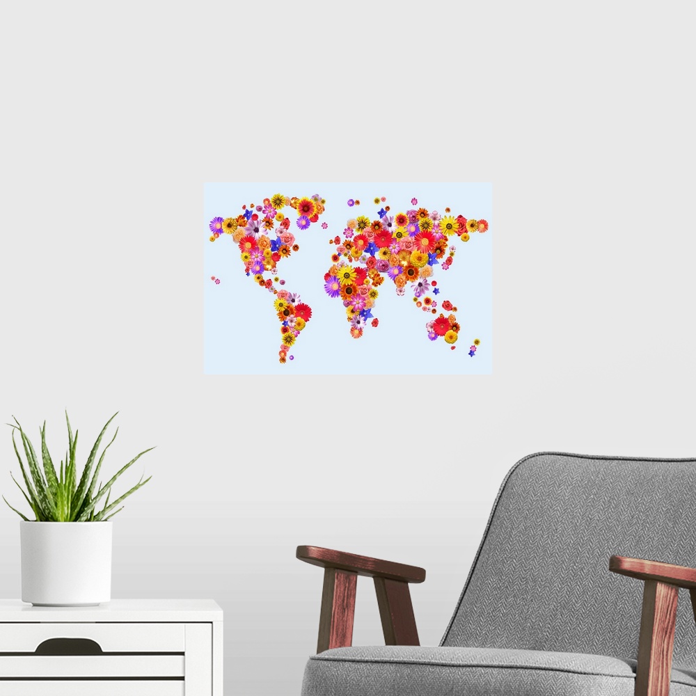A modern room featuring Map of the World made from flowers on a pale blue background. Some of the flowers used include ro...