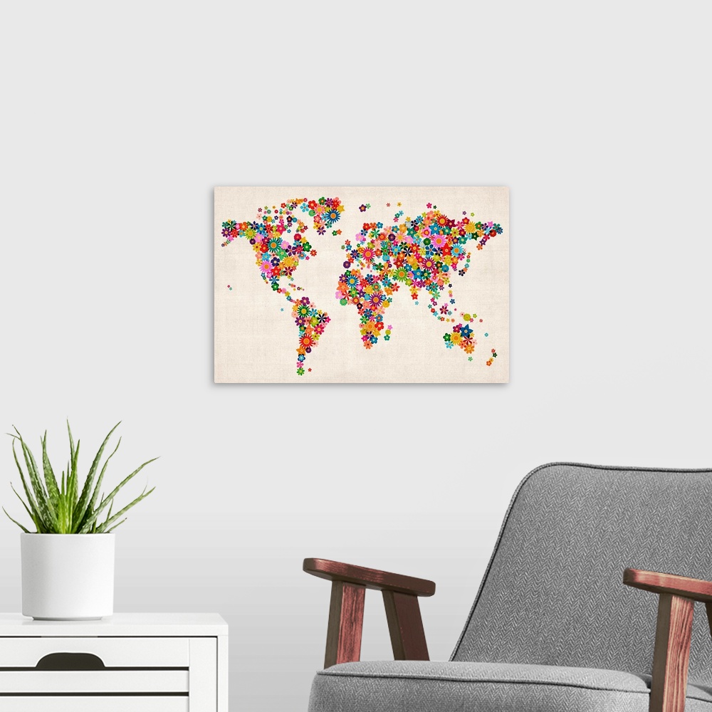 A modern room featuring Flowers Map of the World