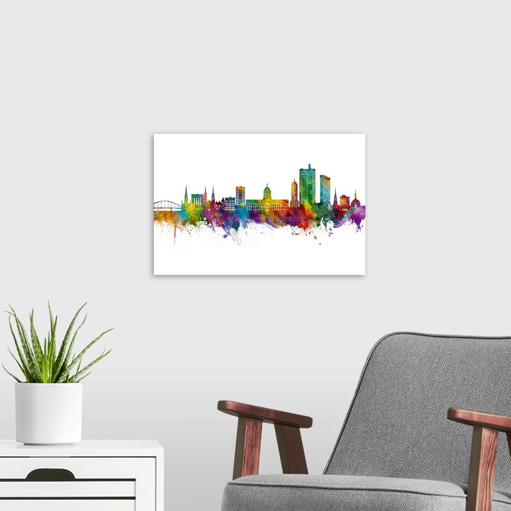 A modern room featuring Watercolor art print of the skyline of Fort Wayne, Indiana