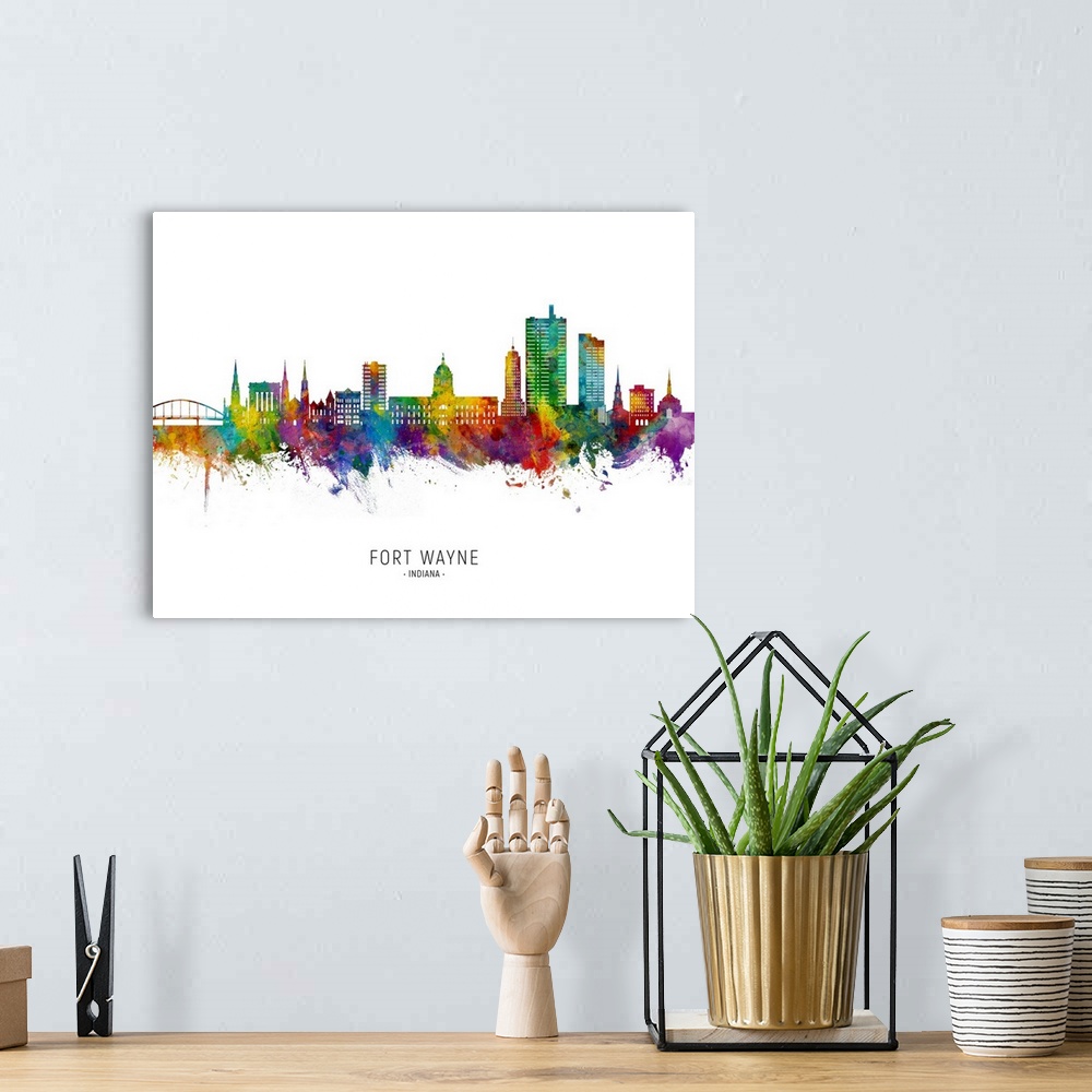A bohemian room featuring Watercolor art print of the skyline of Fort Wayne, Indiana