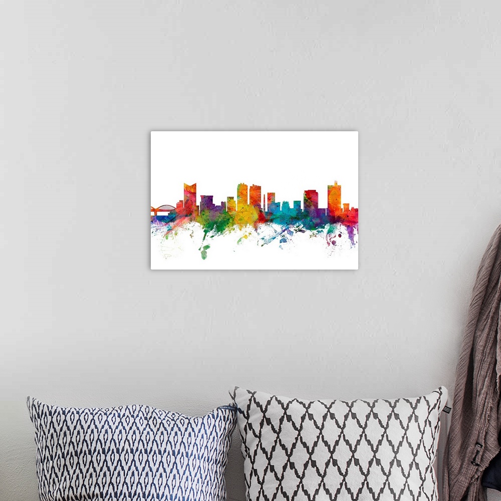 A bohemian room featuring Watercolor artwork of the Fort Worth skyline against a white background.