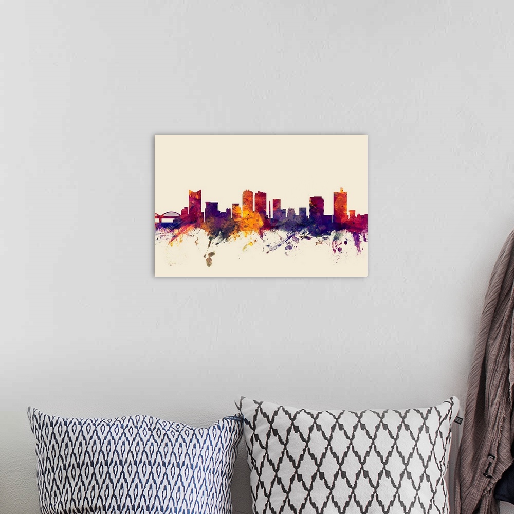 A bohemian room featuring Contemporary artwork of the Fort Worth city skyline in watercolor paint splashes.
