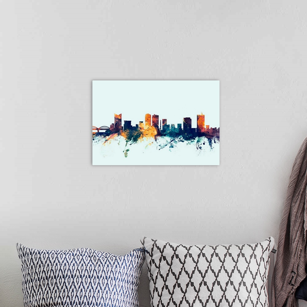 A bohemian room featuring Dark watercolor silhouette of the Fort Worth city skyline against a light blue background.
