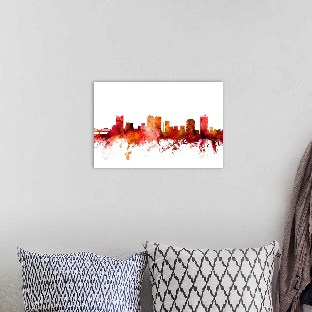 A bohemian room featuring Watercolor art print of the skyline of Fort Worth, Texas, United States.