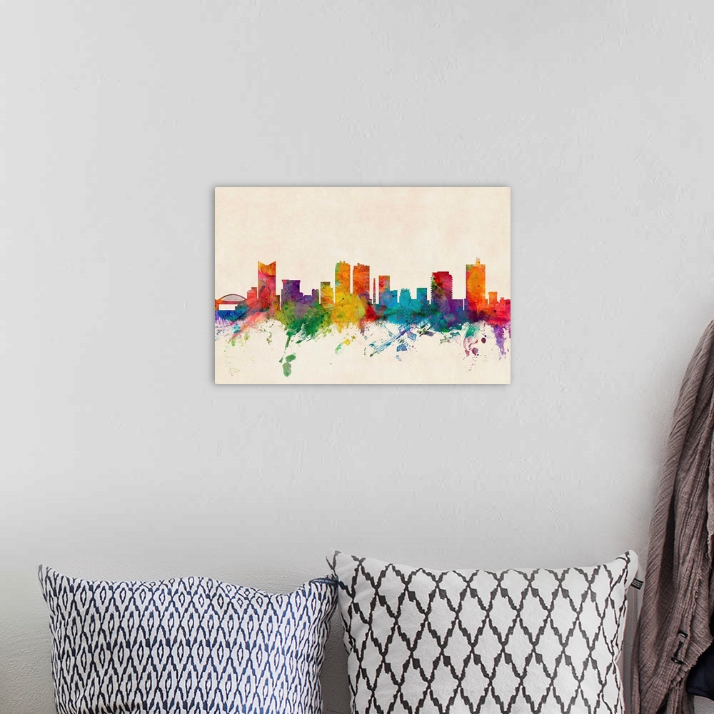 A bohemian room featuring Contemporary piece of artwork of the Fort Worth skyline made of colorful paint splashes.