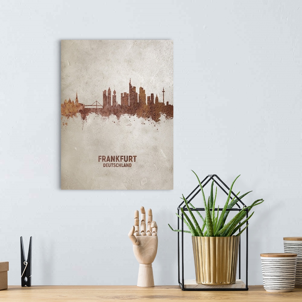 A bohemian room featuring Art print of the skyline of Frankfurt, Germany. Rust on concrete.