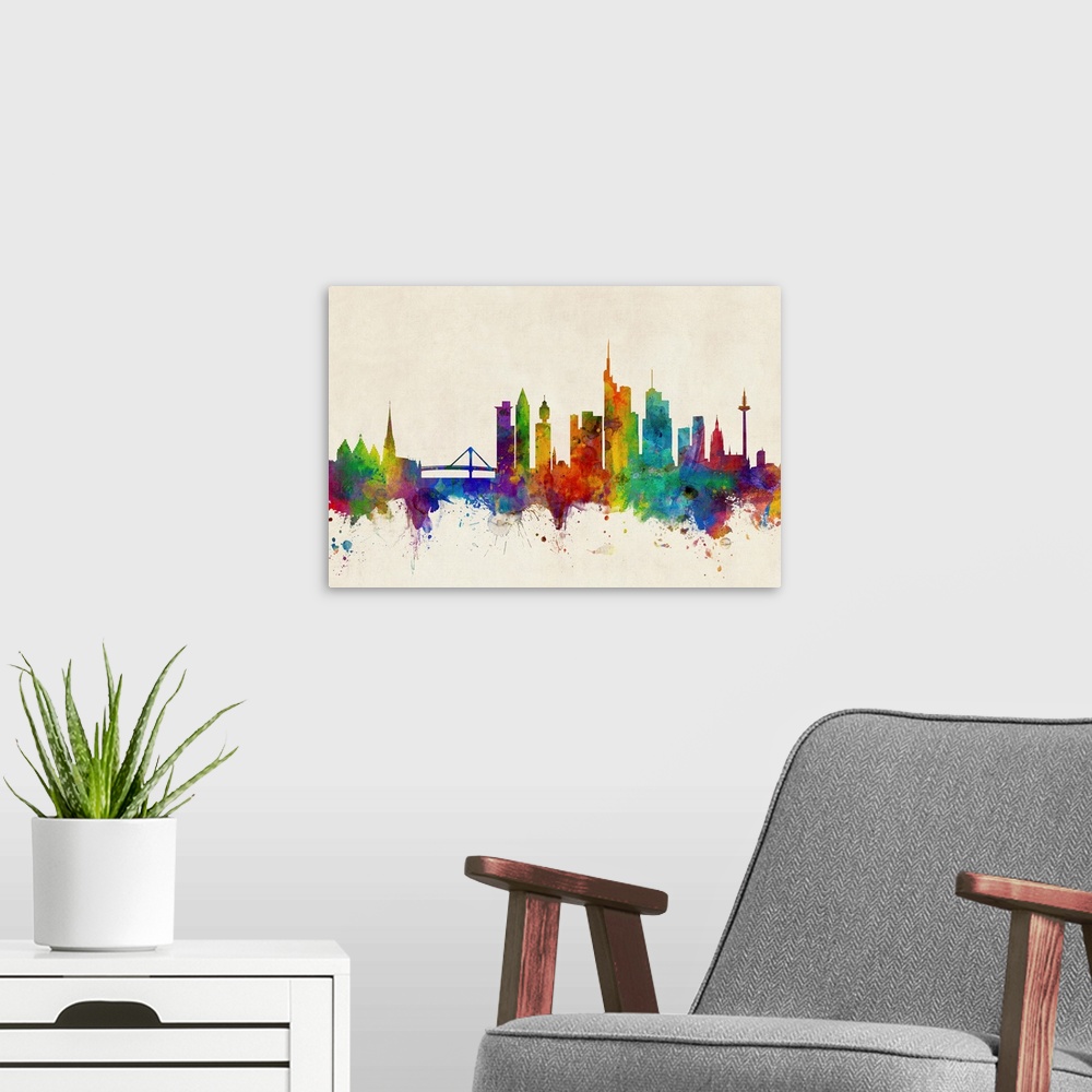 A modern room featuring Watercolor art print of the skyline of Frankfurt, Germany