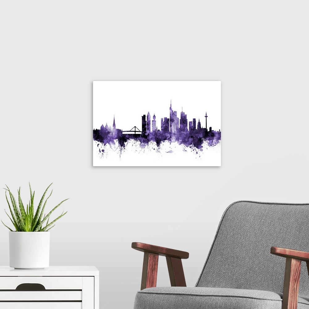A modern room featuring Watercolor art print of the skyline of Frankfurt, Germany