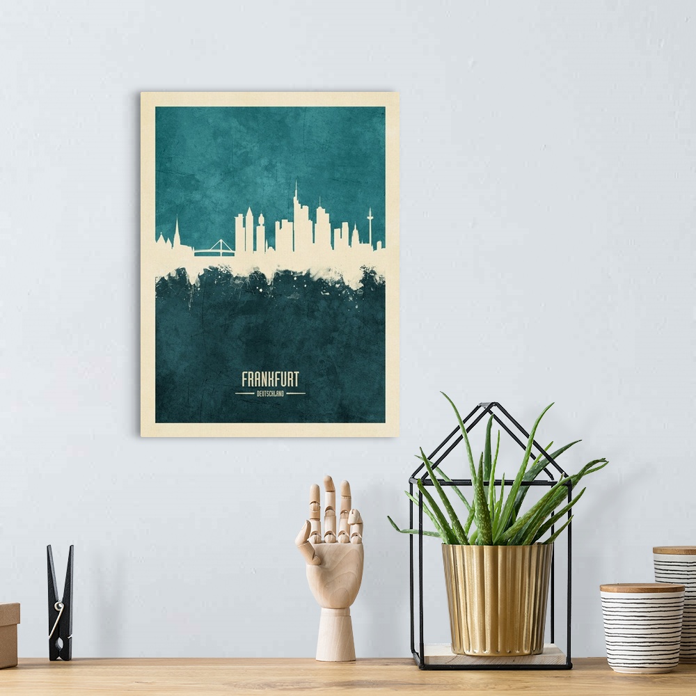 A bohemian room featuring Watercolor art print of the skyline of Frankfurt, Germany.