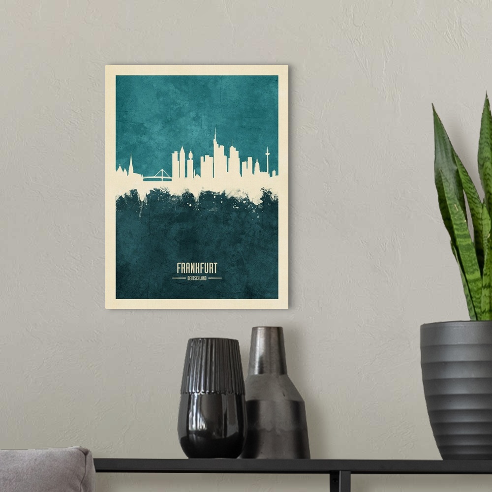 A modern room featuring Watercolor art print of the skyline of Frankfurt, Germany.