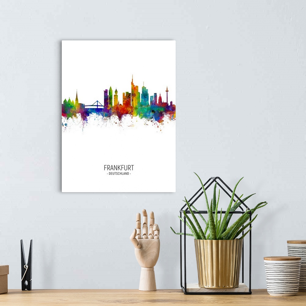 A bohemian room featuring Watercolor art print of the skyline of Frankfurt, Germany