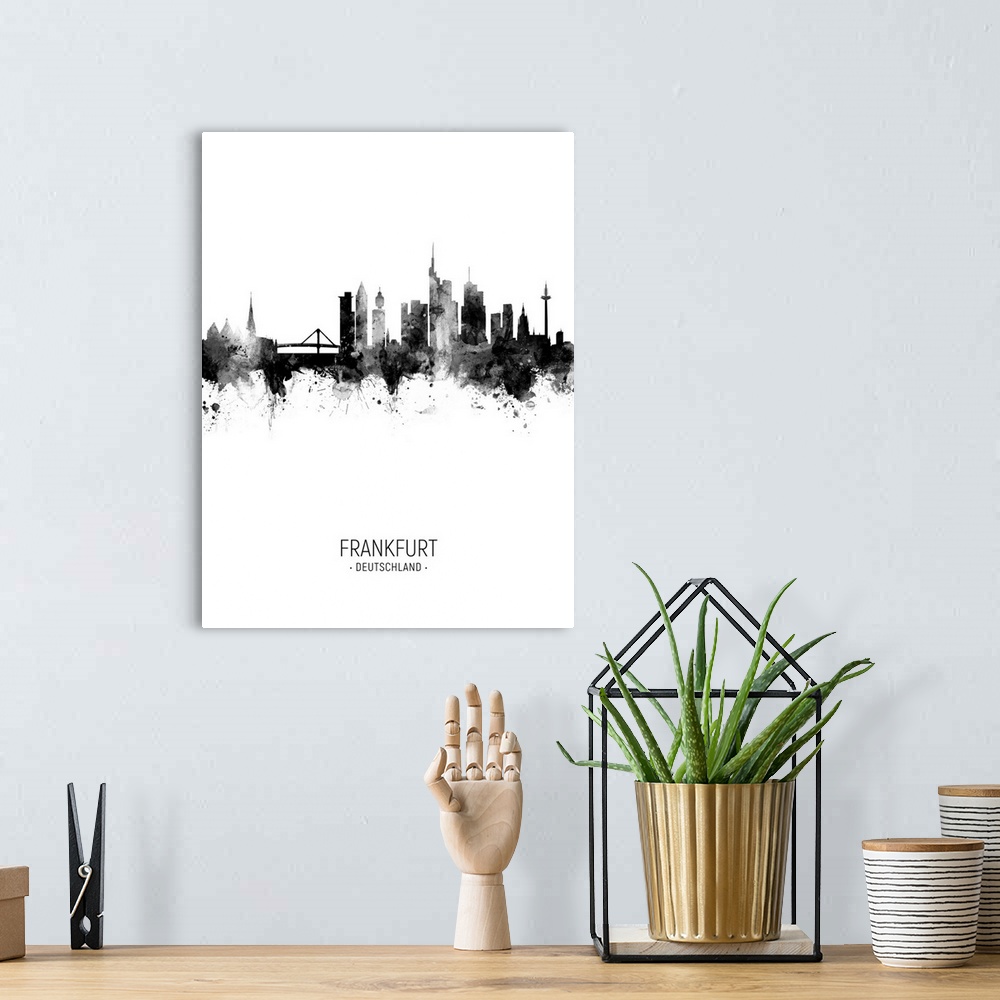 A bohemian room featuring Watercolor art print of the skyline of Frankfurt, Germany
