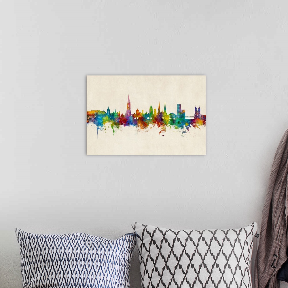 A bohemian room featuring Watercolor art print of the skyline of Freiburg, Germany