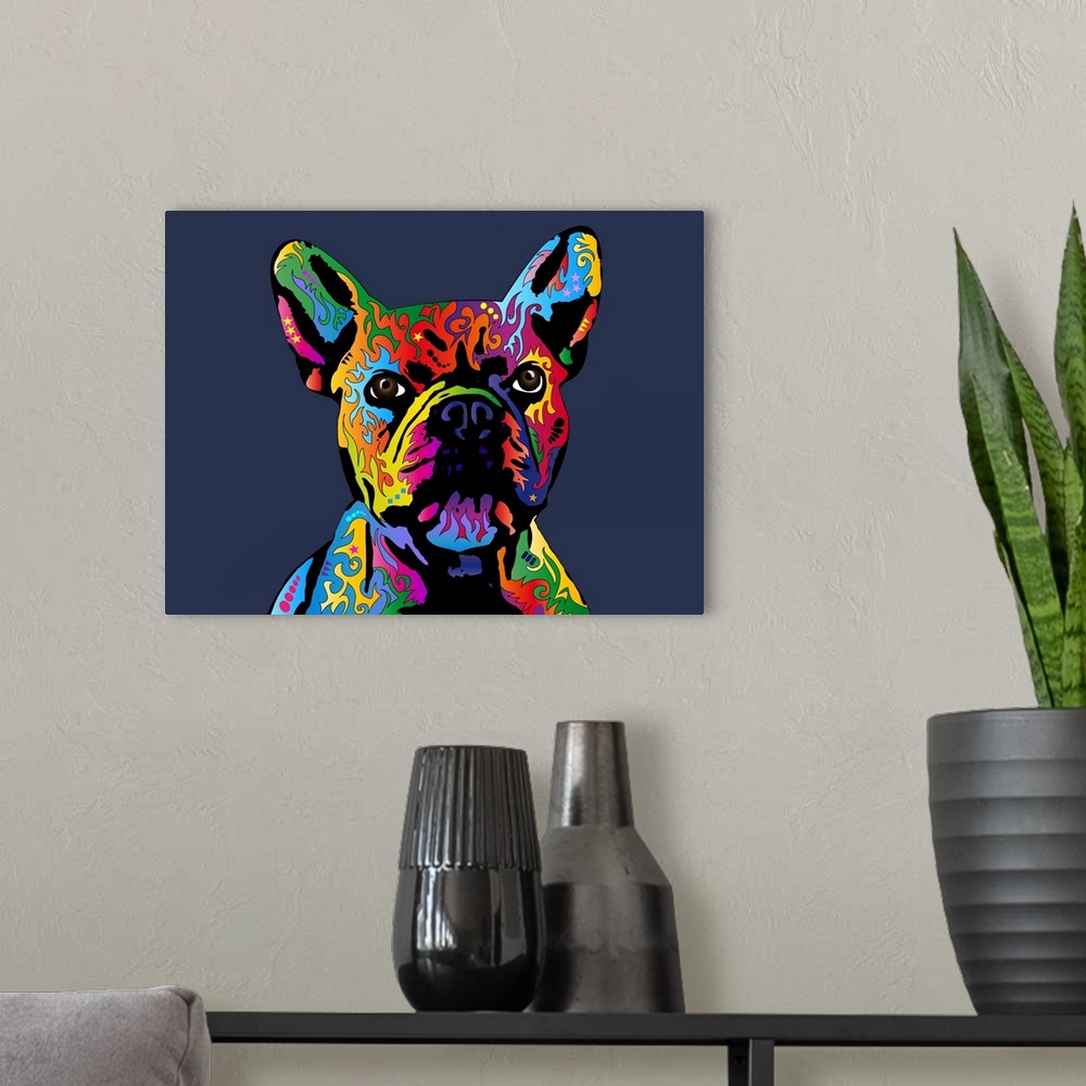 A modern room featuring Contemporary artwork of a French Bulldog made up of a spectrum of bright colors.
