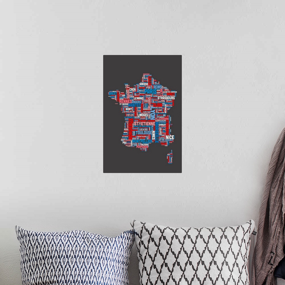 A bohemian room featuring French Cities Text Map, French Colors on Grey