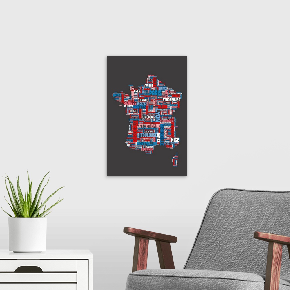 A modern room featuring French Cities Text Map, French Colors on Grey