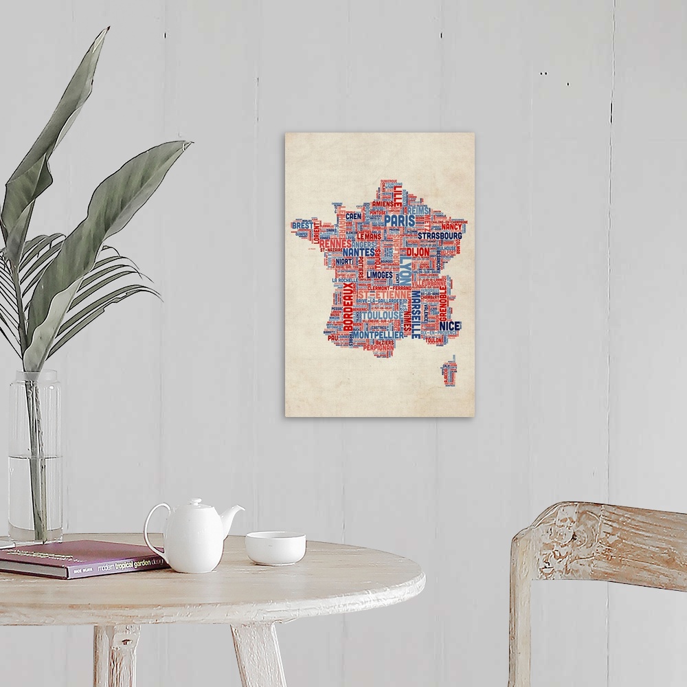 A farmhouse room featuring French Cities Text Map, French Colors on Parchment