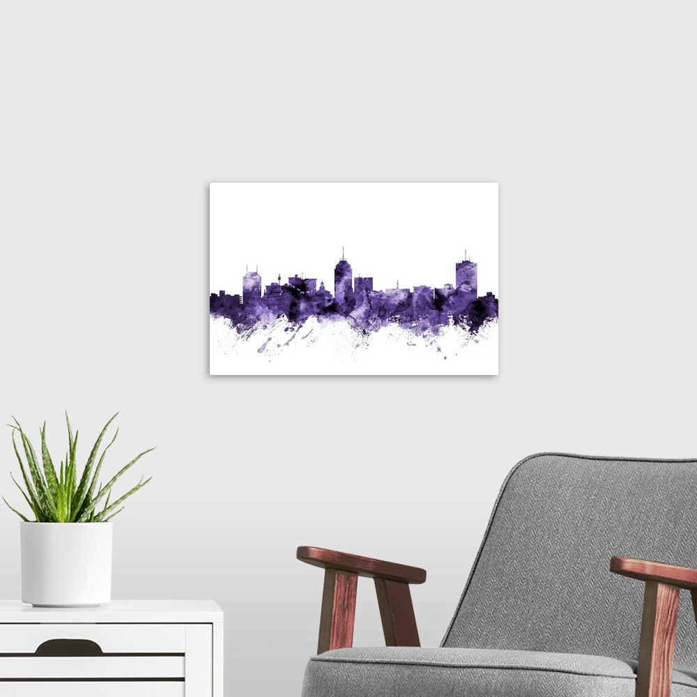 A modern room featuring Watercolor art print of the skyline of Fresno, California, United States