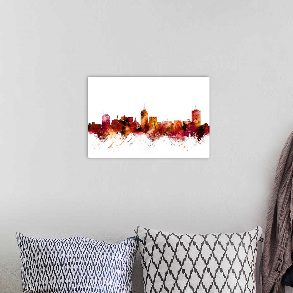 A bohemian room featuring Watercolor art print of the skyline of Fresno, California, United States.